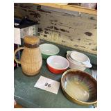 Pyrex bowls- tea pot- pottery bowl- baking dishes