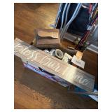 Misc box lot- shoe shine- BP kit- sign-tape lot