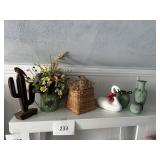 3- Metal vases-wooden swan-basket-flower pc lot