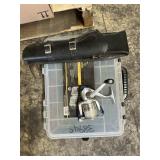 Tackle box- fishing reel- sheath lot of 3 items
