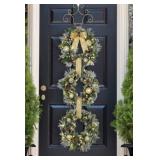 Pre-lit decorated three wreath door hanger gold