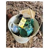 Damaged Cole Pottery Pcs In Galvinized Bucket