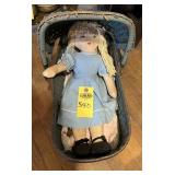 Doll And Vtg Wicker Doll Stroller
