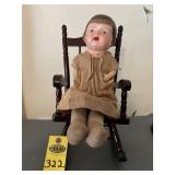 Antique Composite/ Cloth Body Doll And Chair