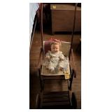 Antique Wooden Stroller And Doll