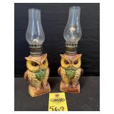 2 Vtg Owl Oil Lamps 9.5" H
