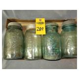 4 Blue Ball Quart Jars One W/ Marbles
