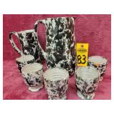 A R Cole Pottery Pitcher, 5 Cups, 1 Large Cup