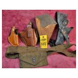 4 Leather Holsters, 1 Military Ammo Belt