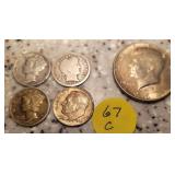 4 Silver Dimes, 1 -1964 Kennedy Half