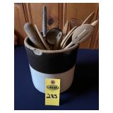 Crock Of Kitchen Utensils ( Has Chip)