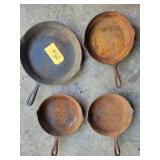 4 Cast Iron Pans (3) 8"  (1) 10" Not Marked