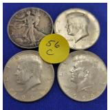 4 Silver 1/2 Dollars (3) 1964 Kennedy Half & (1)