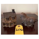 Antique Cast Iron Cabin & Lion Coin Banks