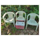 3 Plastic Chairs & Coleman Cooler