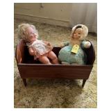 Vtg Wooden Doll Bed & Vtg Dolls