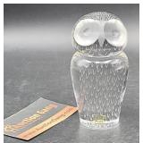 KOSTA  SWEDEN GLASS OWL PAPERWEIGHT ENGRAVED.