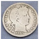 1909O Barber Quarter Silver 90%