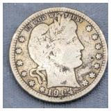 1904O Barber Quarter Silver 90%