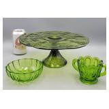 Green Glass Cake Stand, Bowl, Sugar Bowl