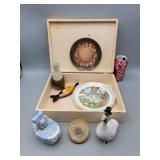 Wood Box Filled with Collectibles Ceramic Cat