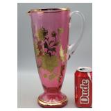 Pink Glass Gold Trim & Flowers Pitcher Vase