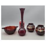 Red Glass Vase & Bowls