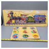 Wood children's puzzles, train has missing paper