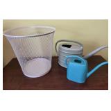 Wire Wastebasket & Pair of Watering Cans