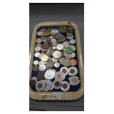Tray Of Assorted Foreign Coins, Tokens & More