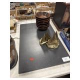 Brass Bookends, Wood Bowls, Stone Type Table