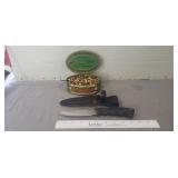 Remington Knife w/ Leather Sheath & Remington Tin