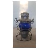 Vintage Lantern w/ Cobalt Blue Globe (9" Tall)