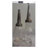 (2) Vintage Glass Motor Oil Bottles w/ Metal