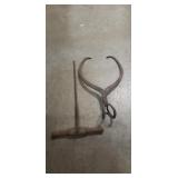 Pair Of Antique Ice Tongs & Antique Auger