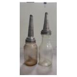 (2) Vintage Glass Motor Oil Bottles w/ Metal