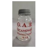 (1) Vintage Miniature Glass Jar Bank, 1938 G.A.R.