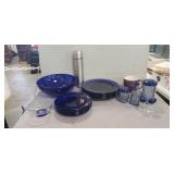 Box Lot Of Assorted Cobalt Blue Dishware & More