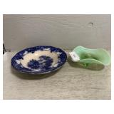 Flow Blue 10-1/2in Shallow Bowl, Green Art Glass