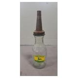 (1) Motor Oil Glass Bottle w/ Metal Spout (1) Motor Oil Glass Bottle w/ Metal Spout