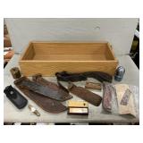 Box Lot With Knife Sheaths, Sharpener Box Lot With Knife Sheaths, Sharpener