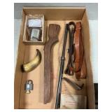 Box Lot With Wooden Stock, Powder Horn, Slings Box Lot With Wooden Stock, Powder Horn, Slings