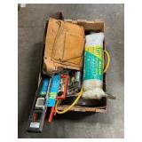 Box Lot With Tools, Tool Pouch, Rope, Work Light Box Lot With Tools, Tool Pouch, Rope, Work Light