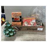Tray Lot With Ceramic Xmas Tree, NOS Ornaments