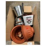 Box Lot With Fry Pan, Buckets, Plastic Planters