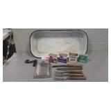 Enamel Pan, Tins, Flask, Vintage Flatware & Wall