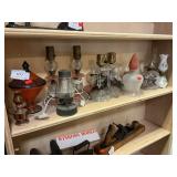 Shelf Lot Of Oil Lamps Electrified Oil Lamps &