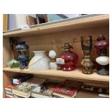 Shelf Lot Of Oil Lamps, Electrical c Lamps, Parts