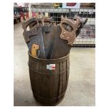 Wooden Barrel With (9) Handsaws & Pruner