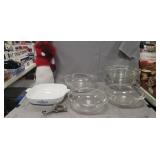 (7) Pyrex Glass Bowls, (1) Corning Ware Casserole